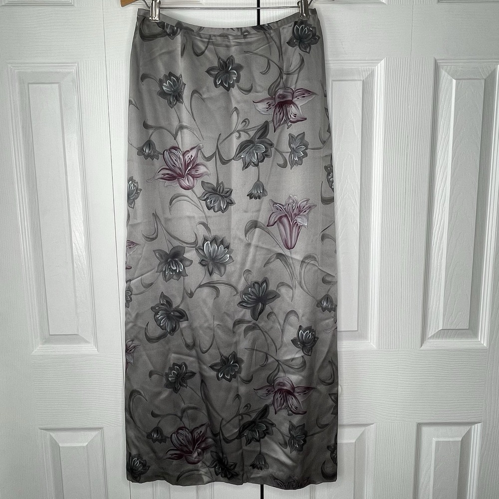 Harold's Long Silk Silver Floral Back Slit Maxi Skirt Fully Lined Womens 9 90's